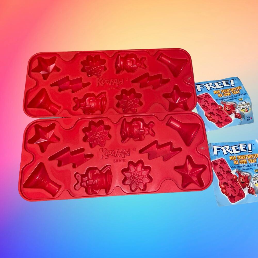 Kool-Aid Man Mad Scientwisted Red Plastic Ice Cube Tray Science Lab Shapes Lot 2